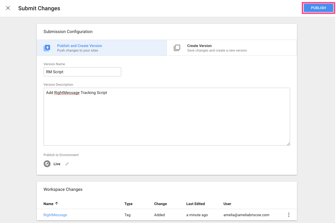 Google Tag Manager - Commit your new published change