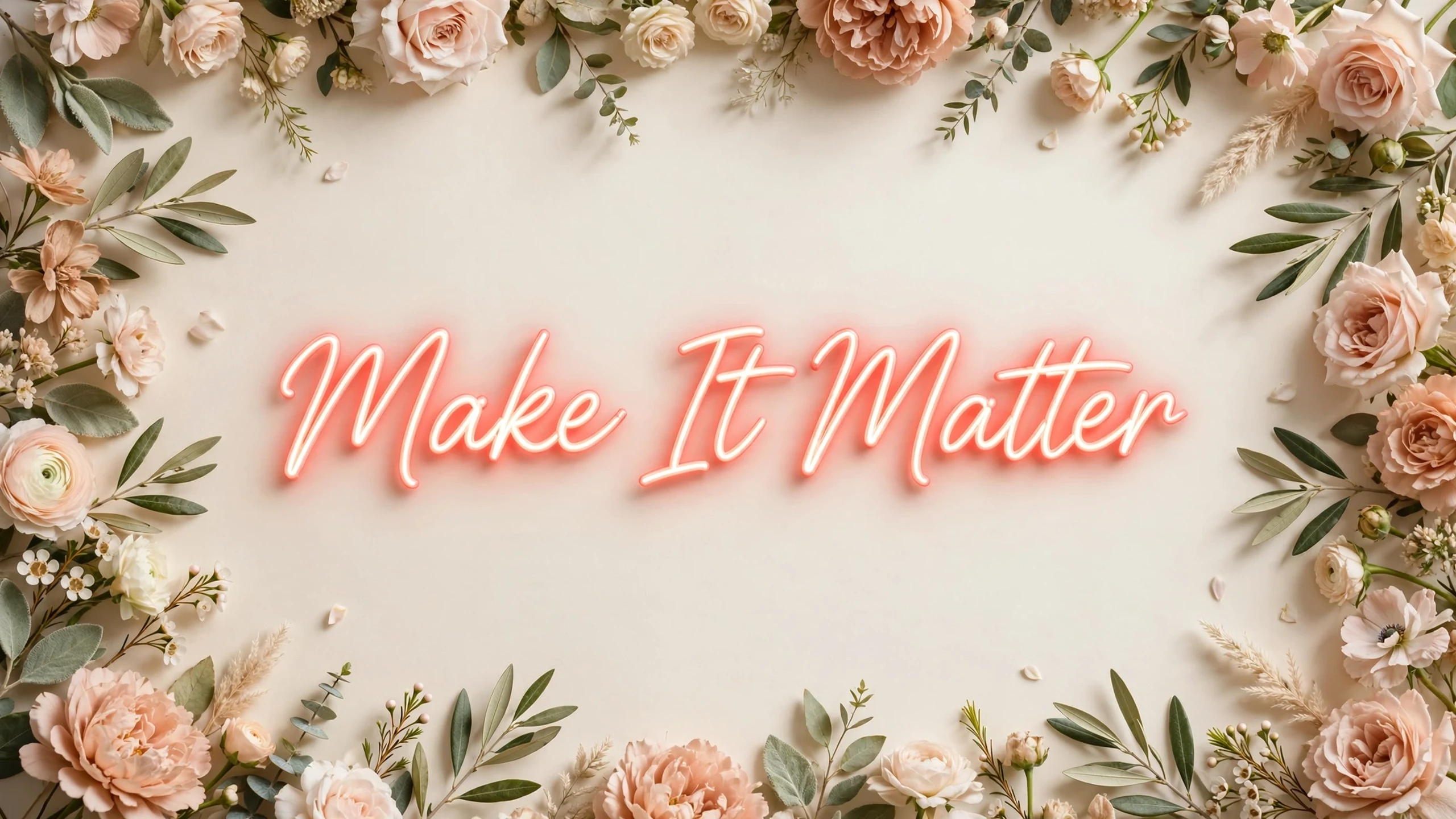 Neon script reading Make It Matter framed by foliage