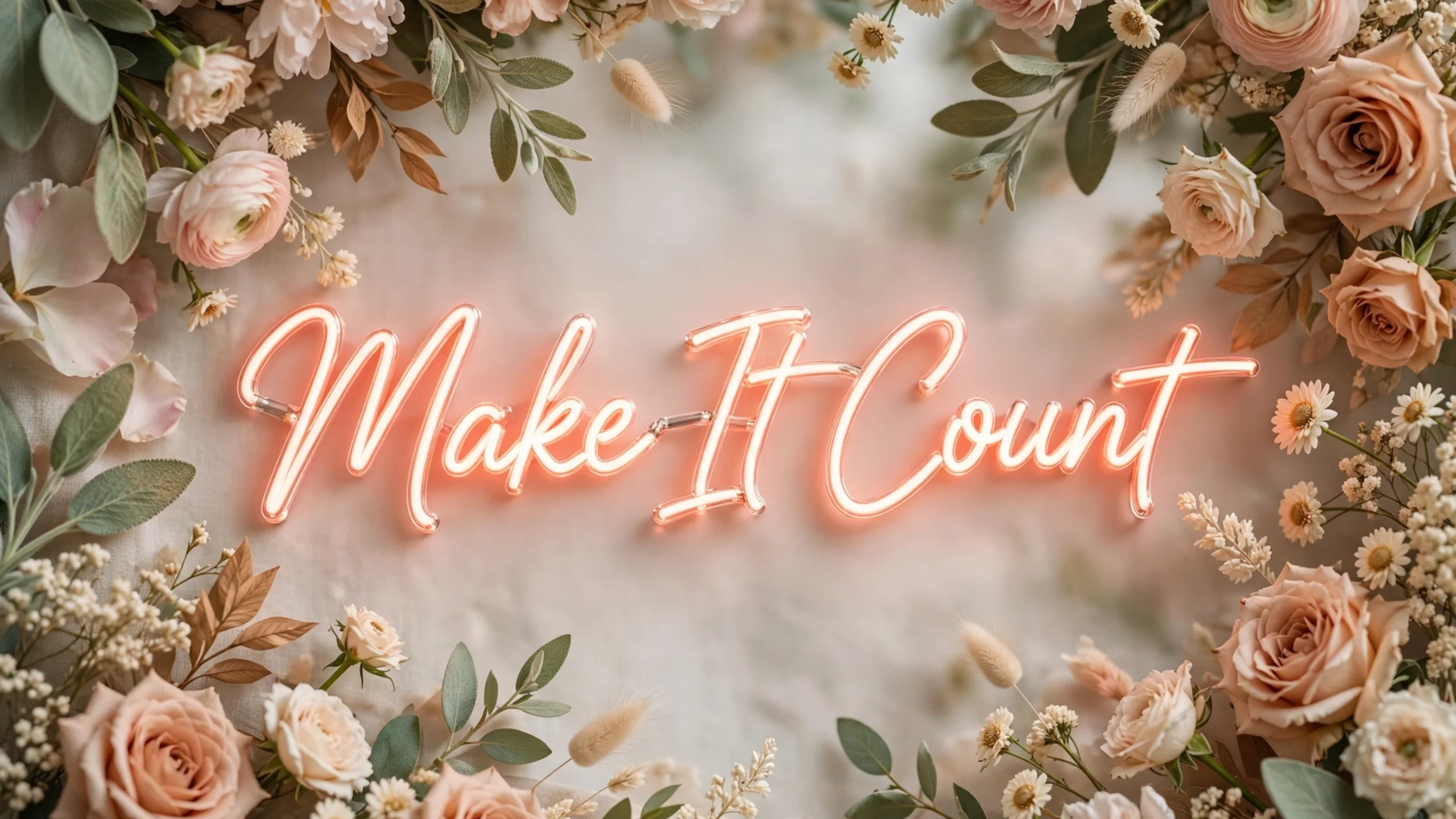 Neon script reading Make It Count framed by foliage