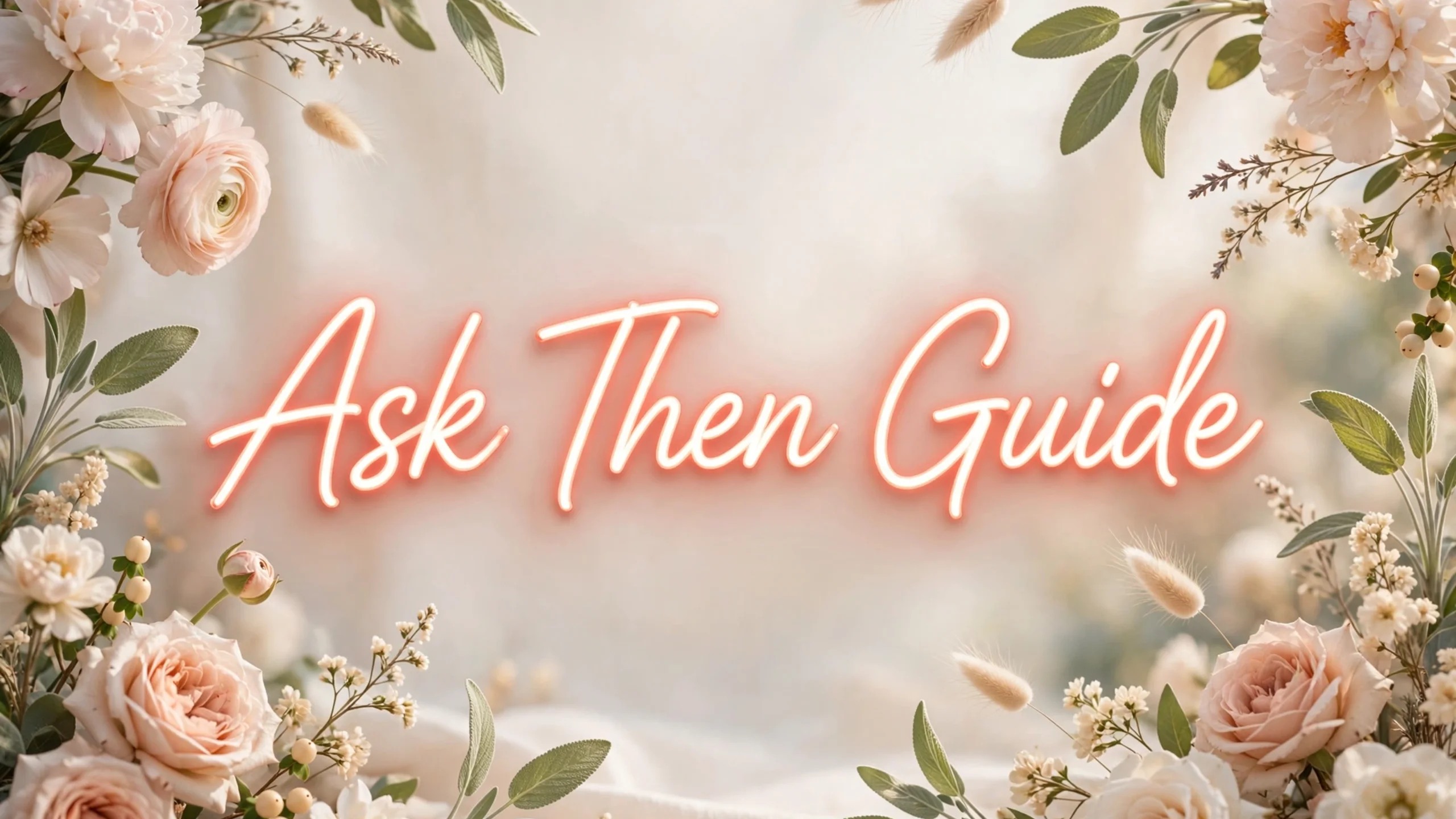 Neon script reading Ask Then Guide framed by foliage