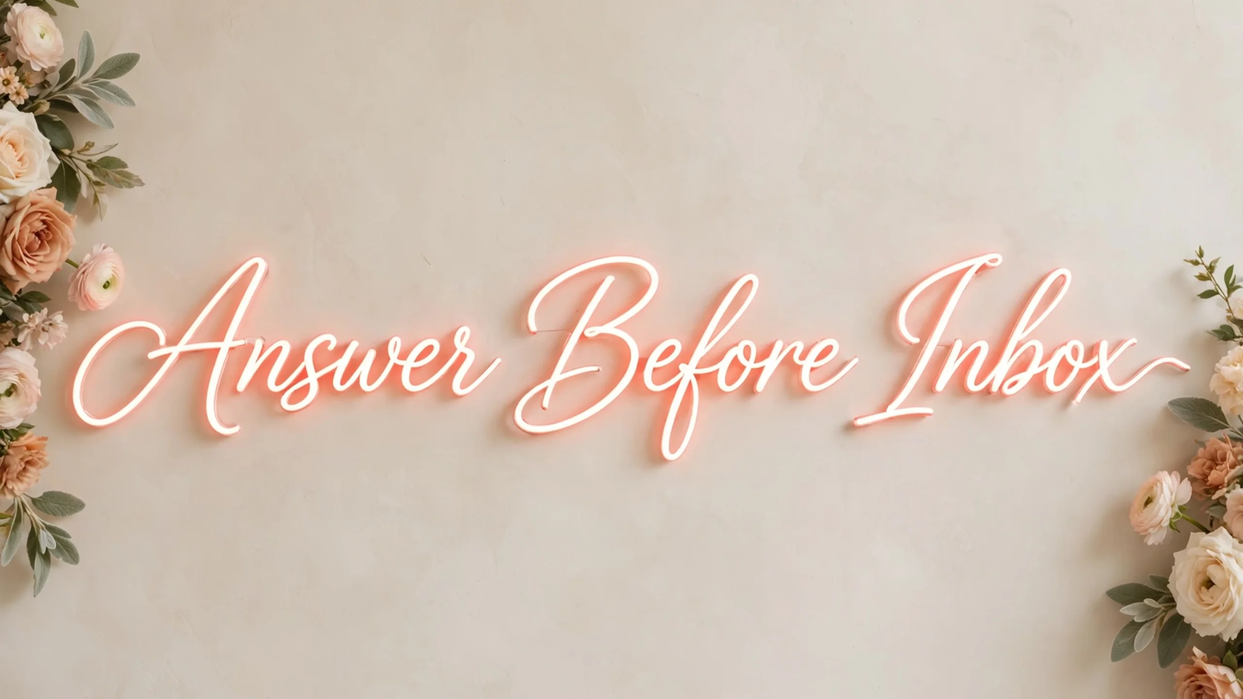 Neon script reading Answer Before Inbox framed by foliage