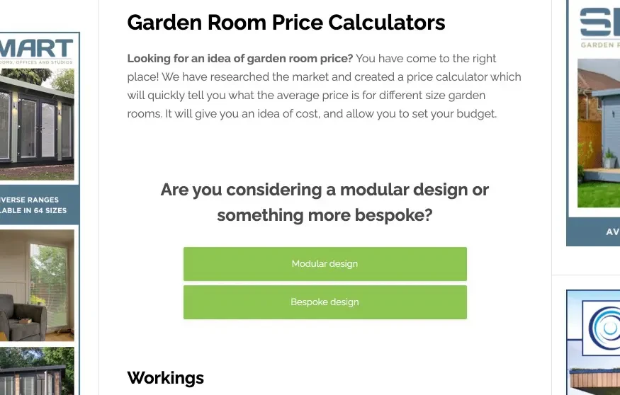 Historical Garden Room Guide pricing calculator asking visitors to choose modular or bespoke design