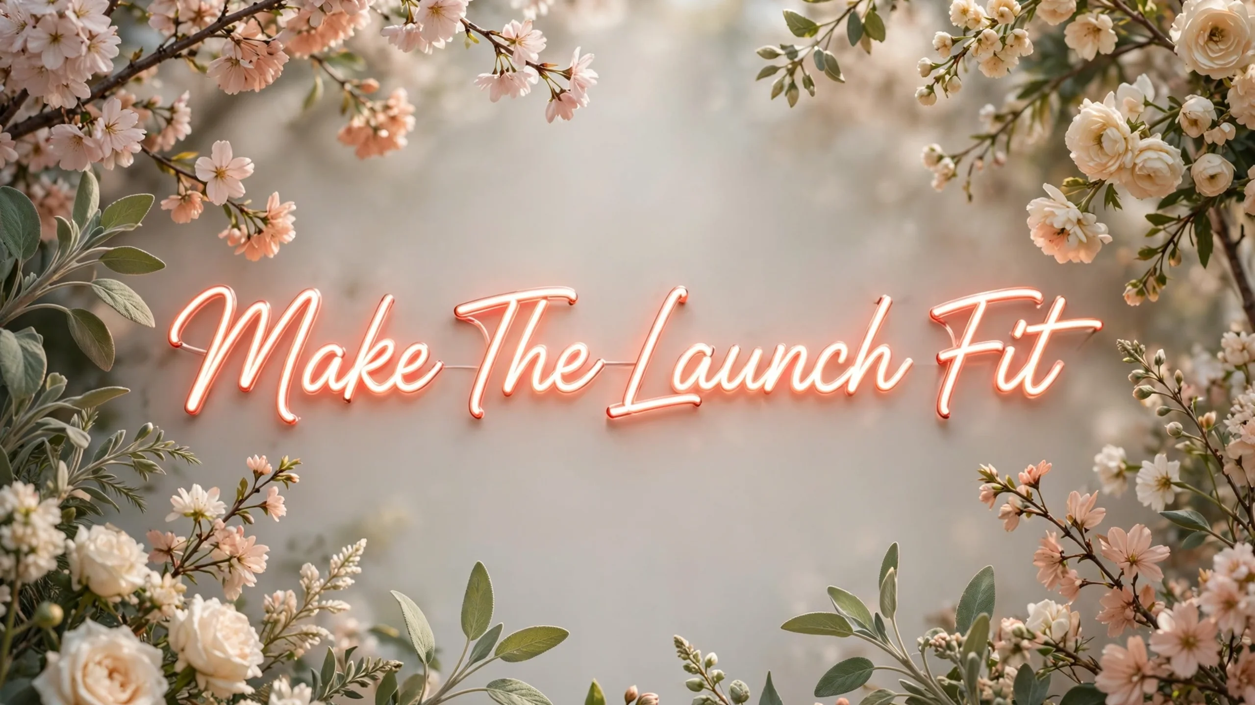 Neon script reading Make The Launch Fit framed by foliage