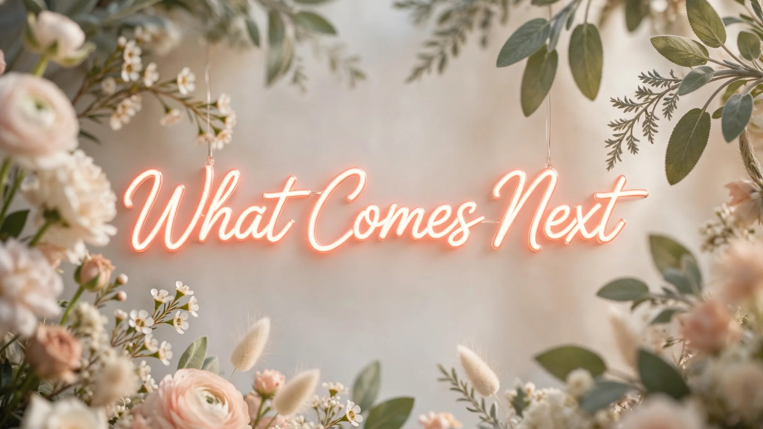 Neon script reading What Comes Next framed by foliage