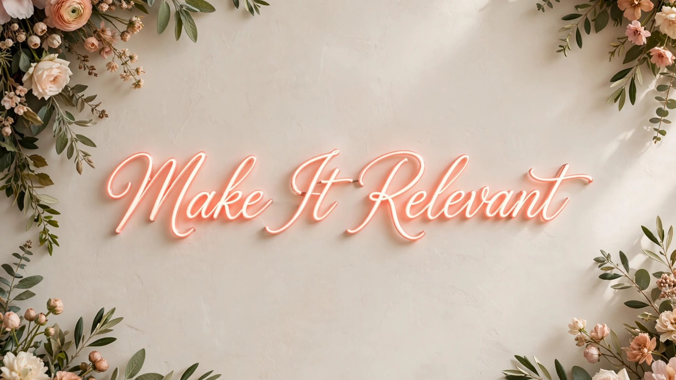 Neon script reading Make It Relevant framed by foliage.