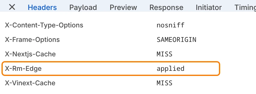 Chrome DevTools response headers for a personalized rightmessage.com page, with x-rm-edge set to applied.