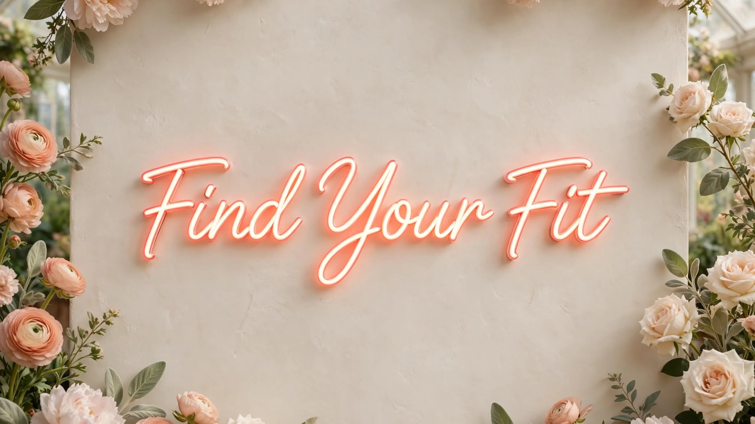 Neon script reading Find Your Fit framed by foliage
