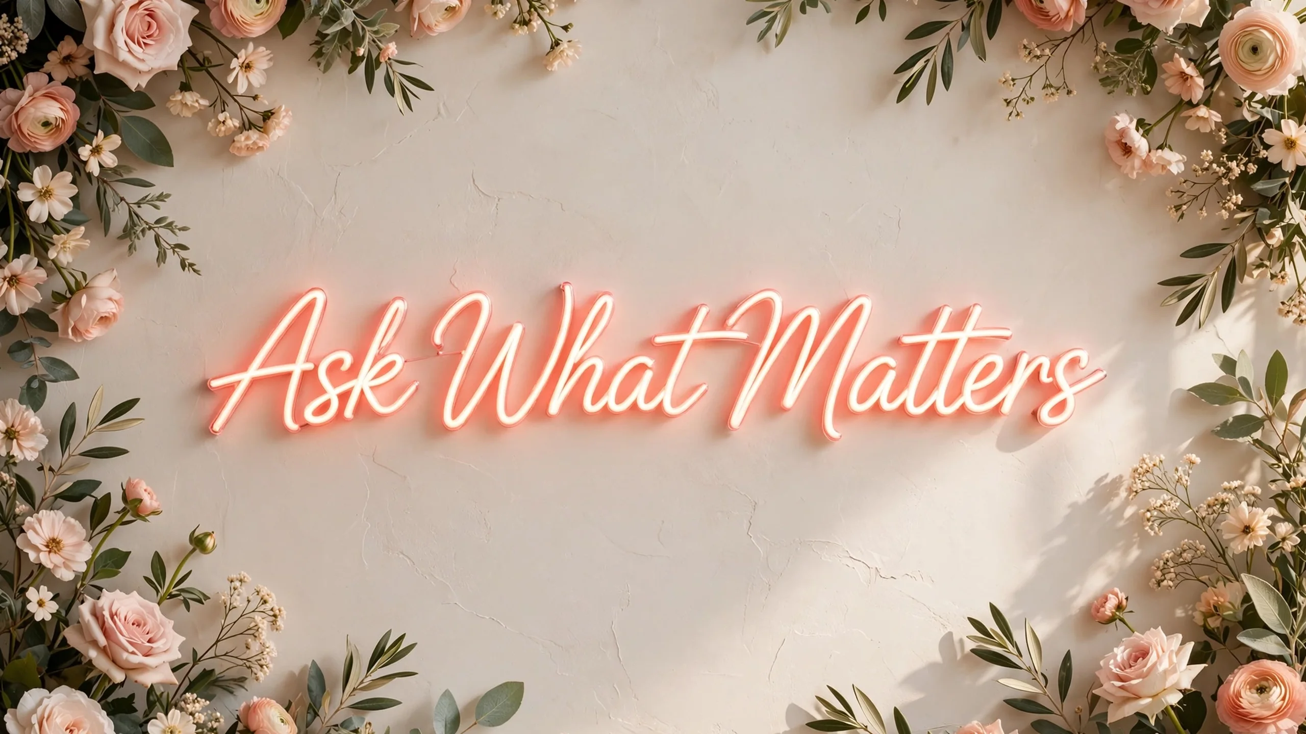 Neon script reading Ask What Matters framed by foliage
