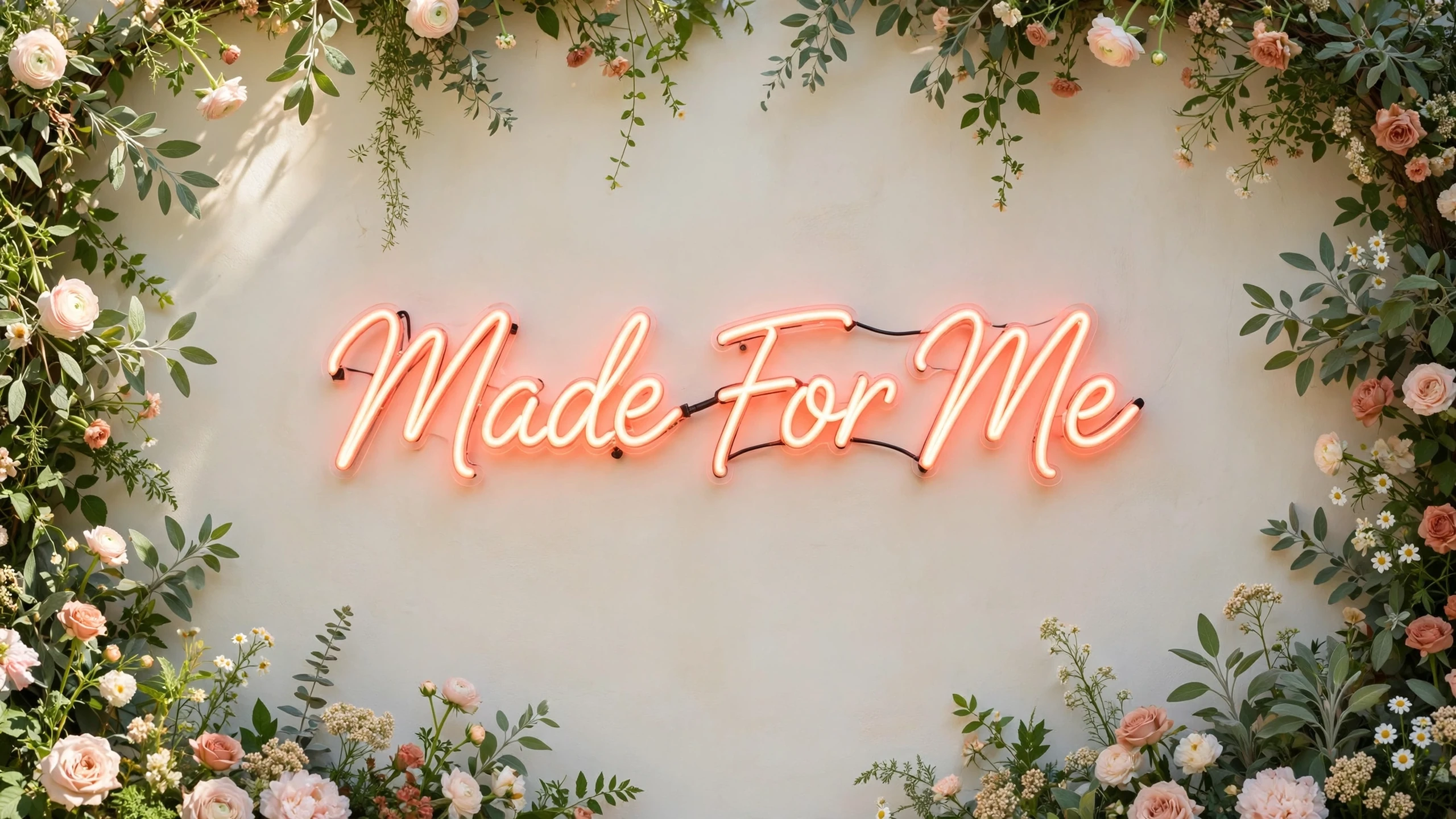 Neon script reading Made for me framed by foliage