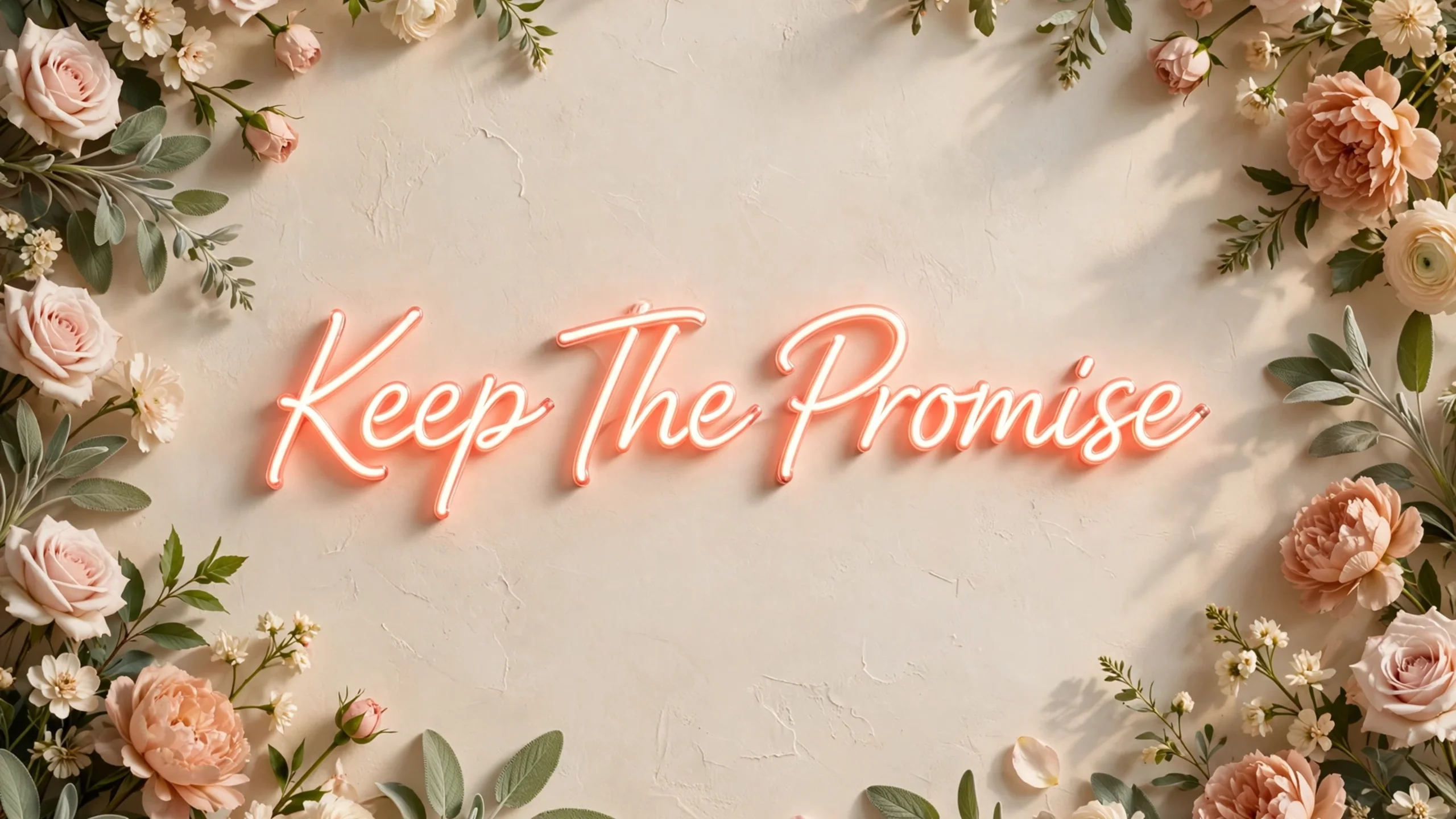 Neon script reading Keep The Promise framed by foliage