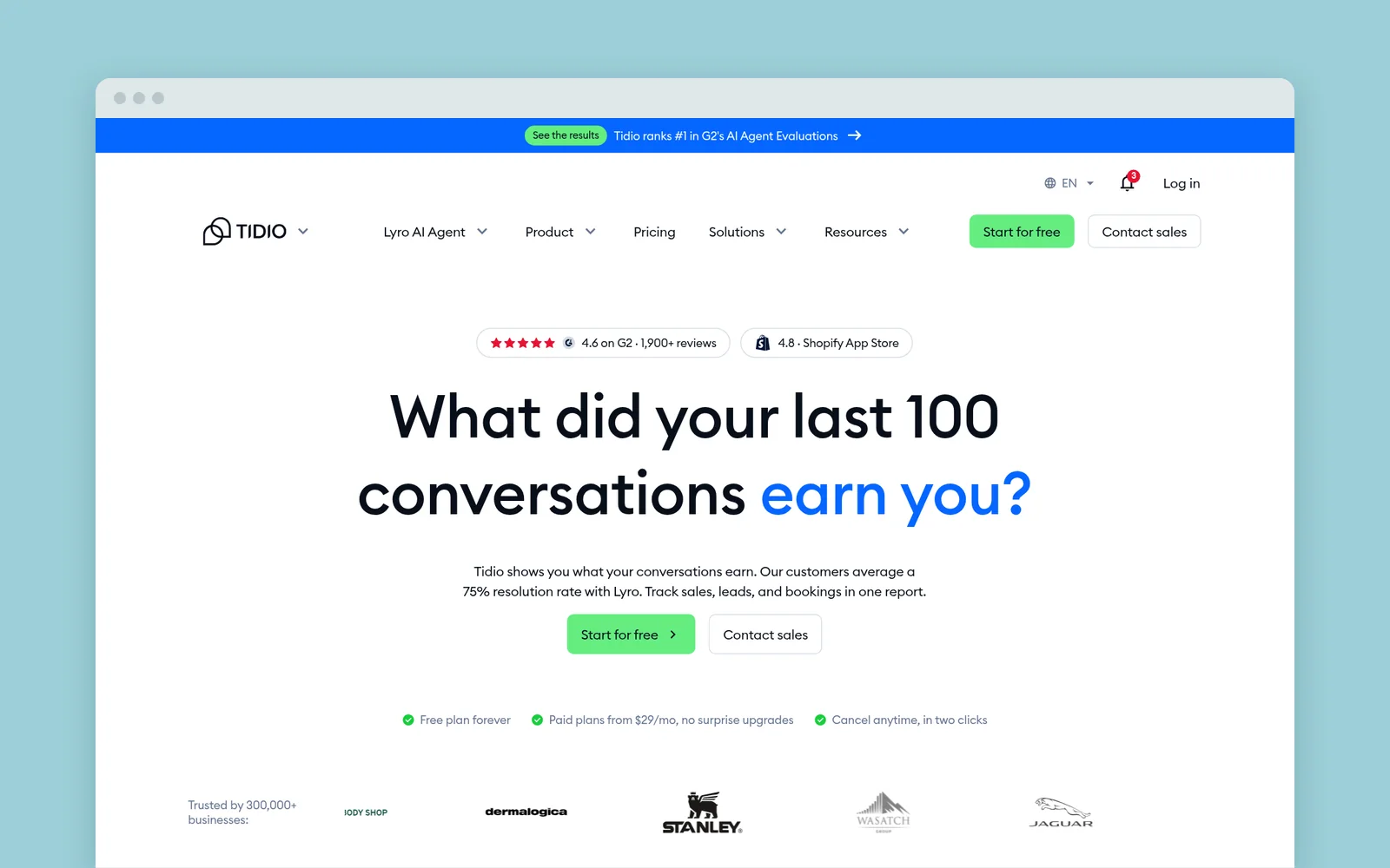 Tidio homepage with the headline "What did your last 100 conversations earn you?"