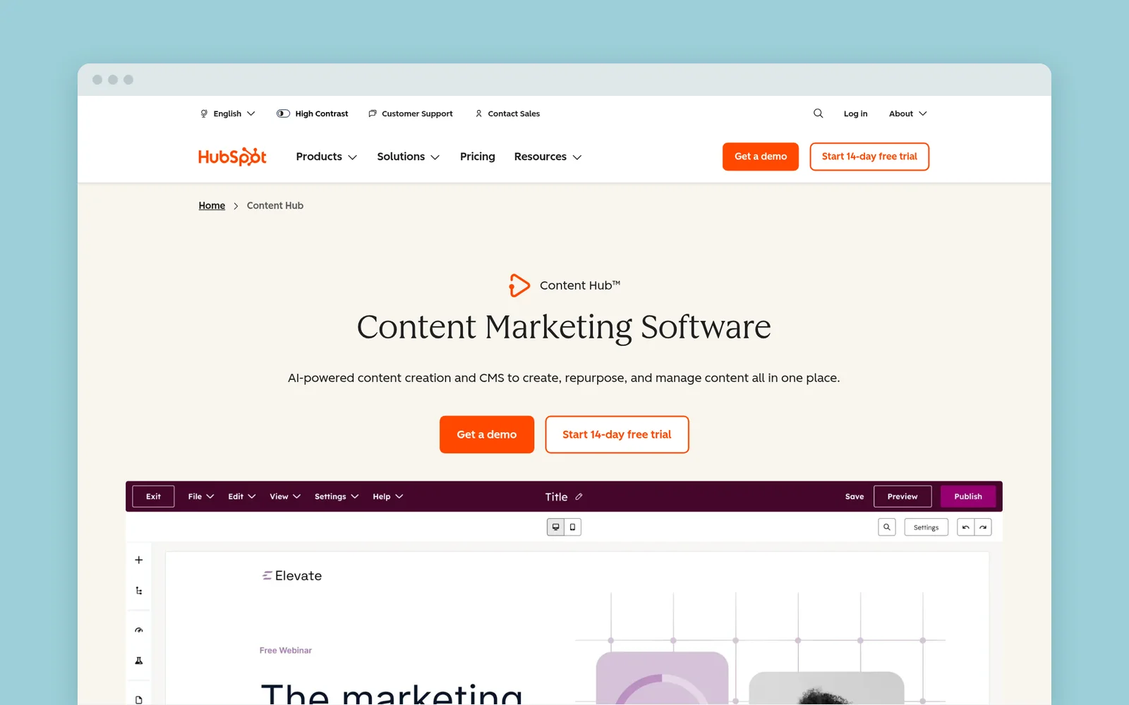 HubSpot Content Hub product page with the headline “Content Marketing Software.”