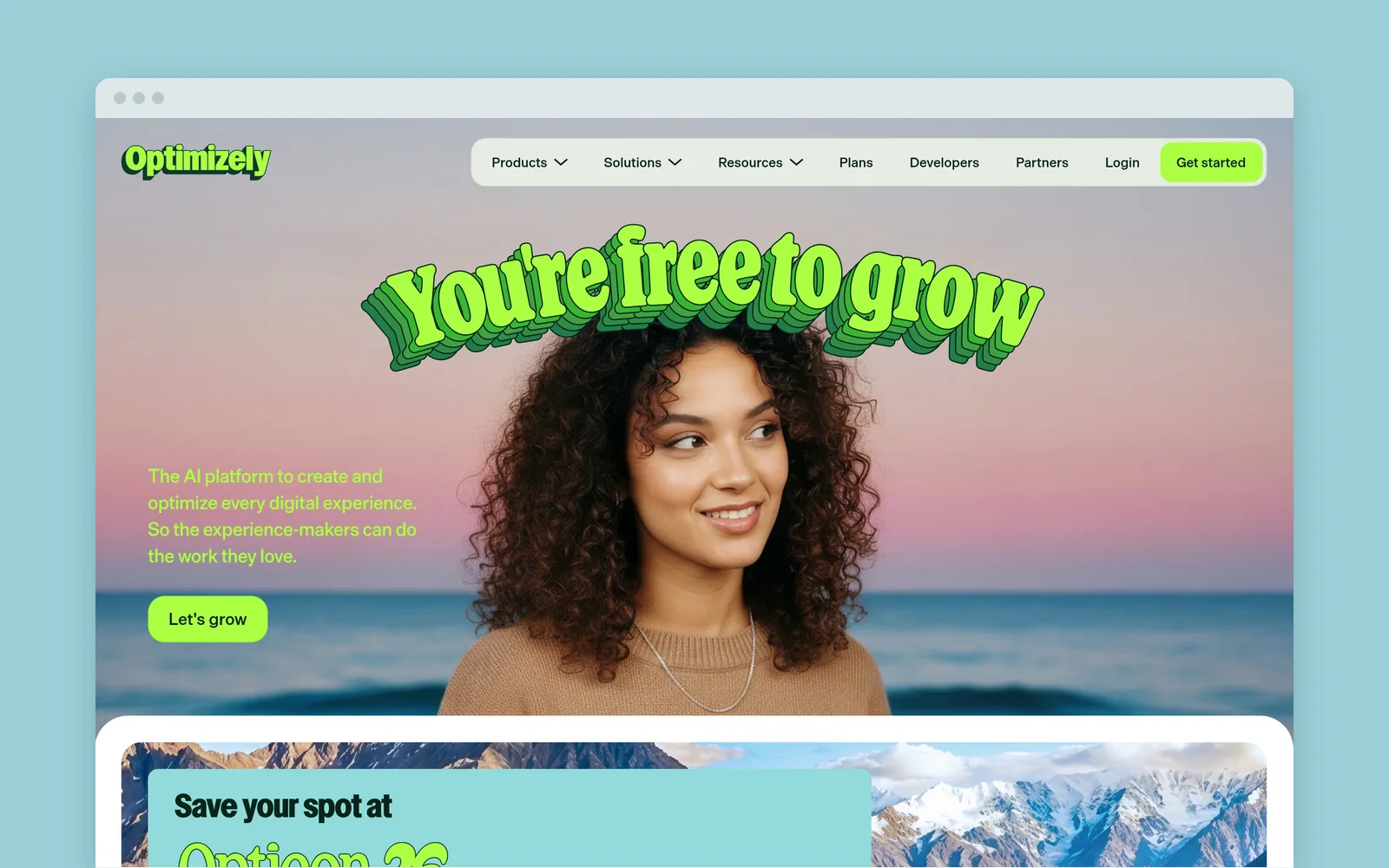 Optimizely homepage with the headline “You’re free to grow.”