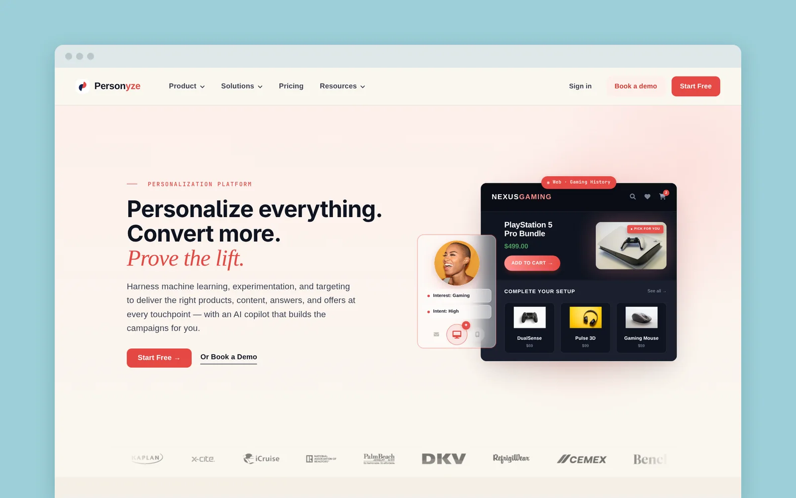Personyze homepage with the headline “Personalize everything. Convert more. Prove the lift.”