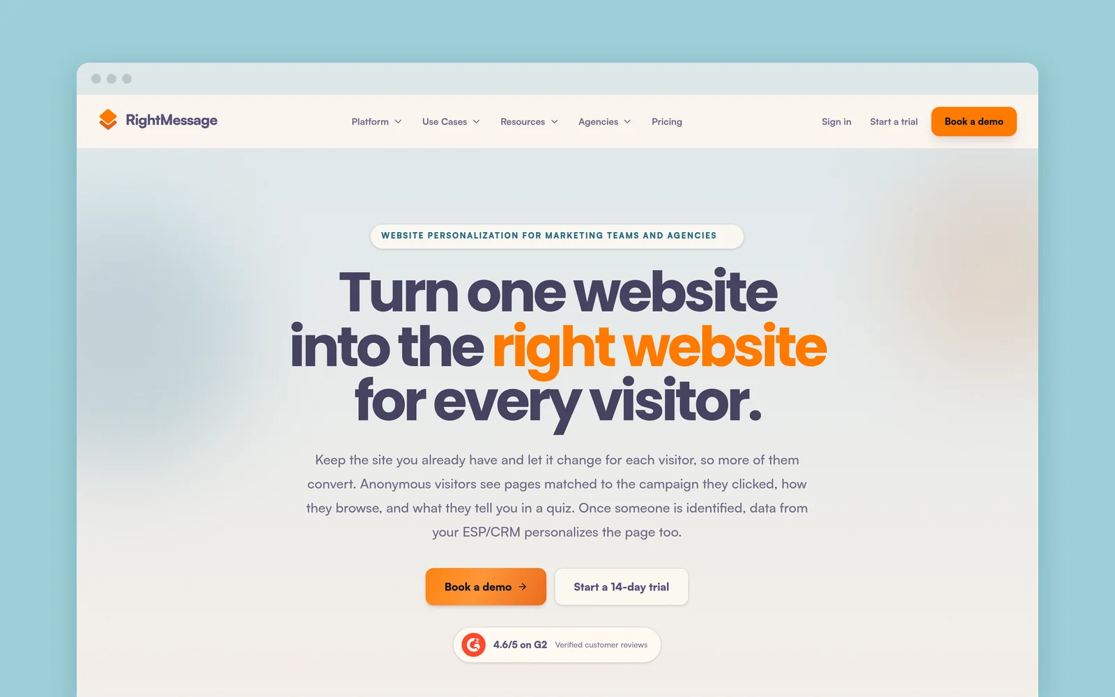 RightMessage homepage with the headline “Turn one website into the right website for every visitor.”