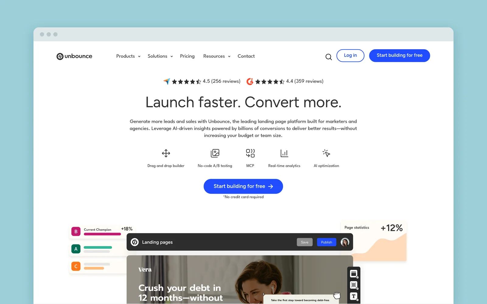 Unbounce homepage with the headline “Launch faster. Convert more.”
