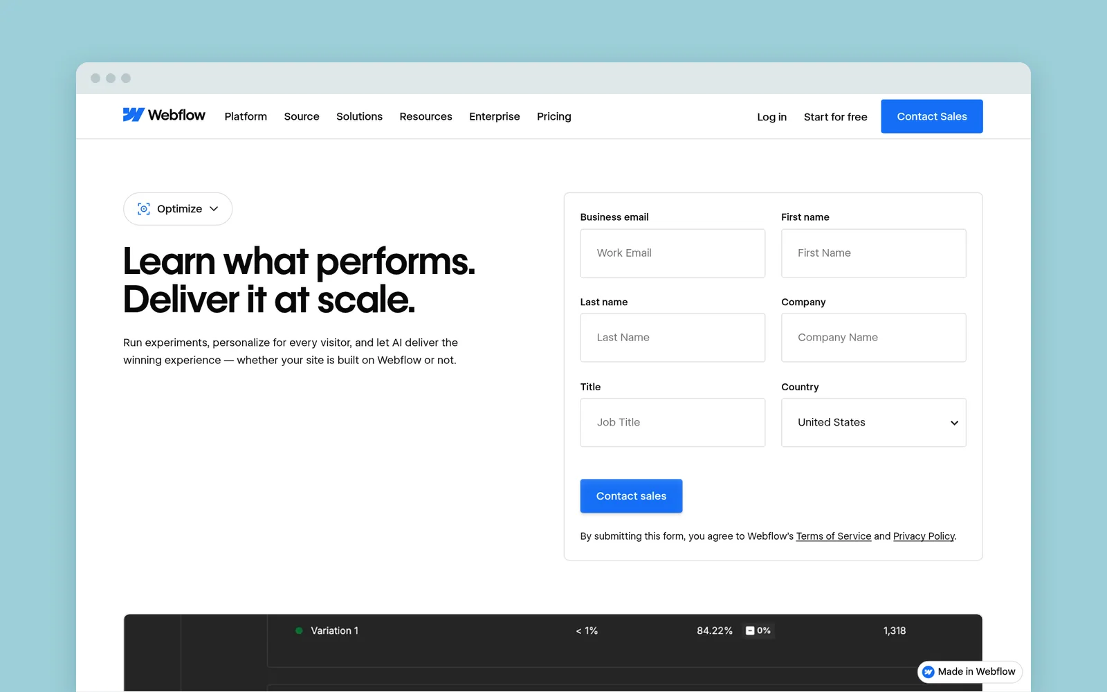 Webflow Optimize product page with the headline “Learn what performs. Deliver it at scale.”