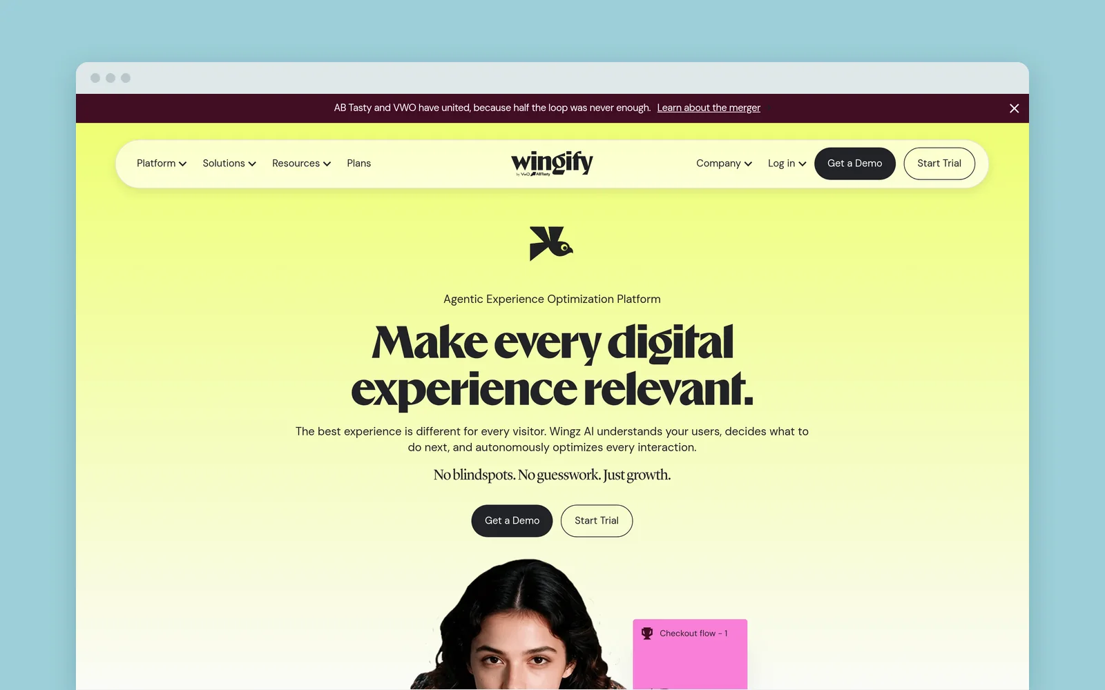 Wingify homepage announcing that AB Tasty and VWO have united, with the headline “Make every digital experience relevant.”