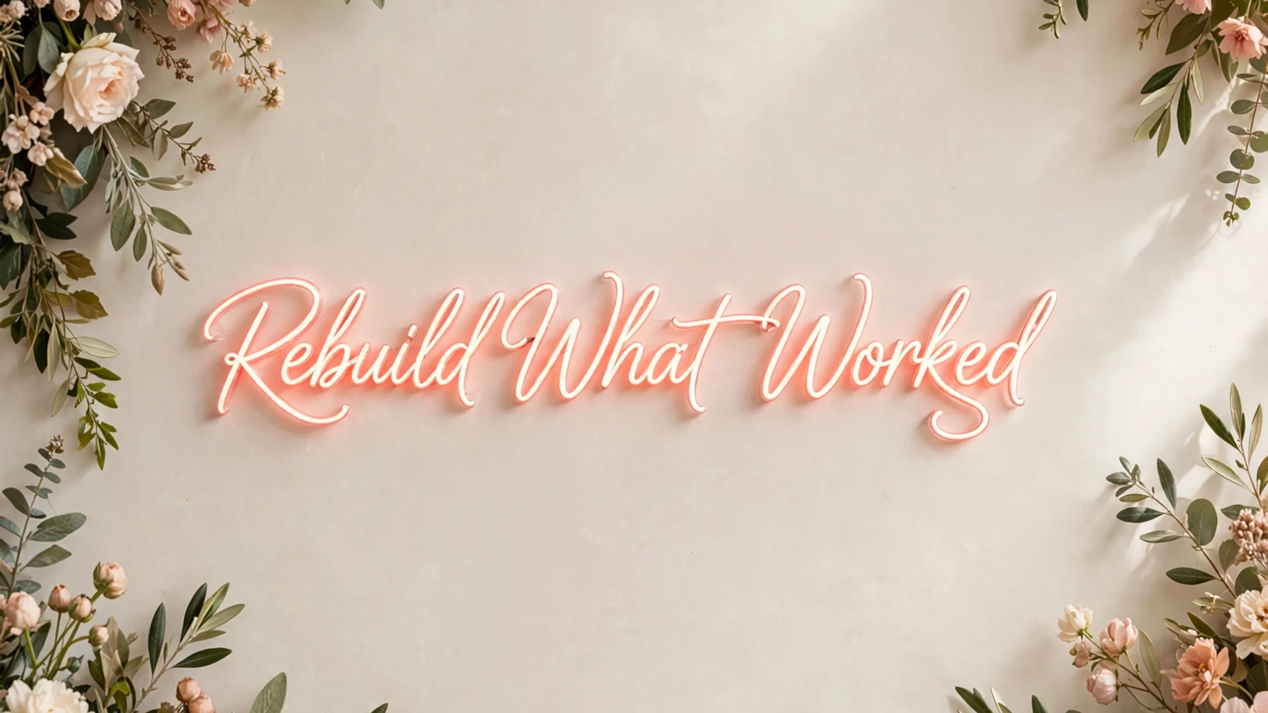 Neon script reading Rebuild What Worked framed by foliage.
