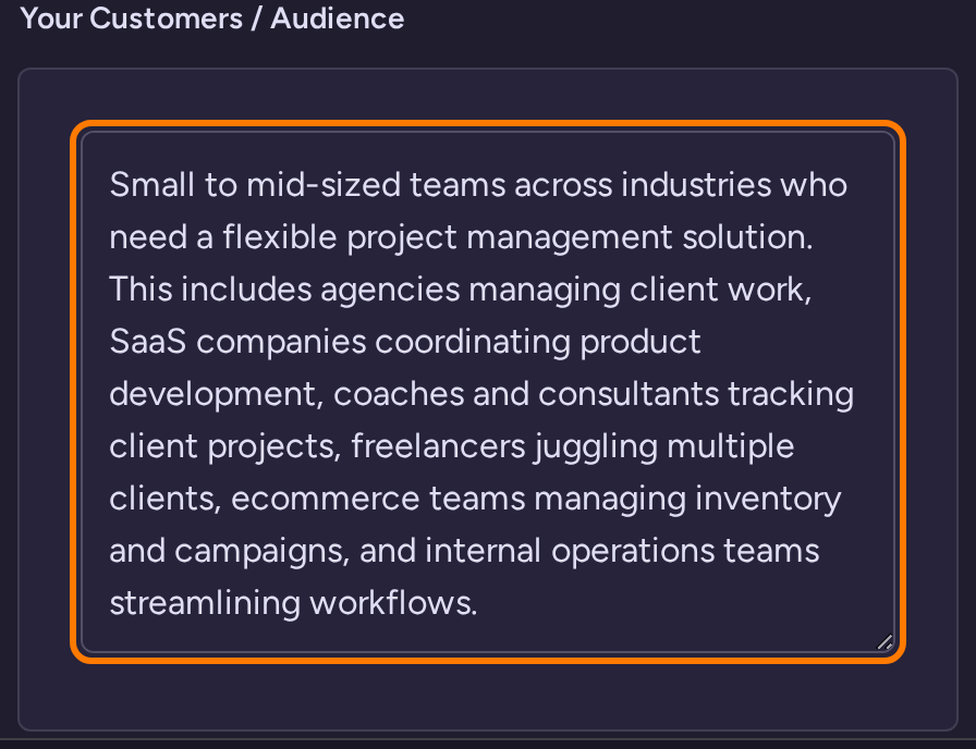 AI context audience field describing WorkForge customers and their needs