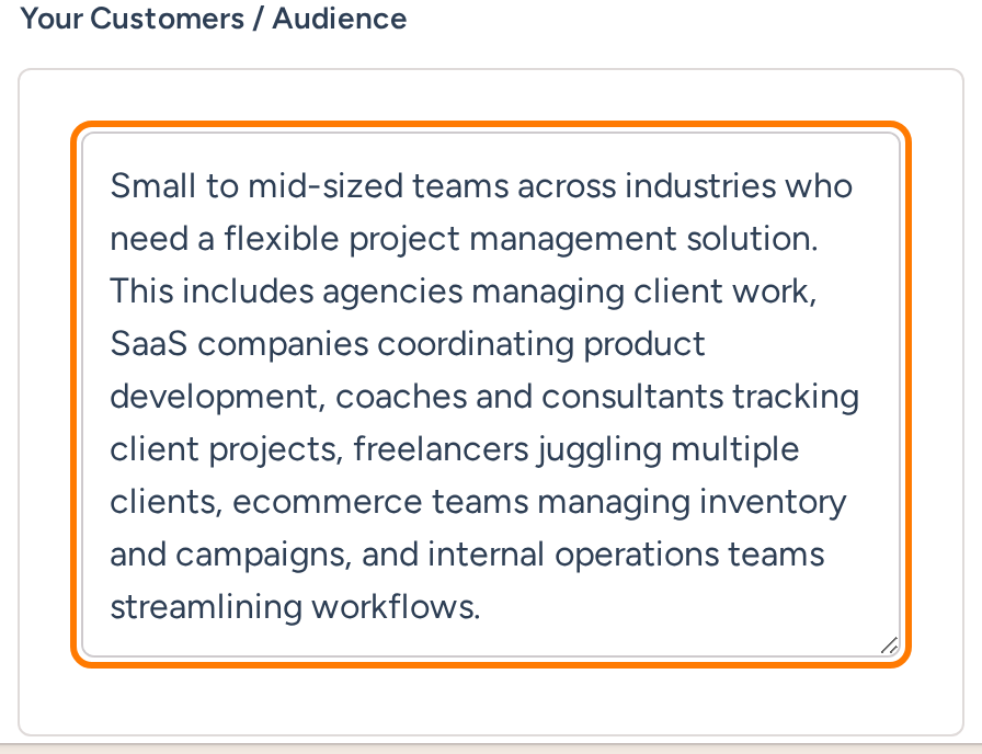 AI context audience field describing WorkForge customers and their needs
