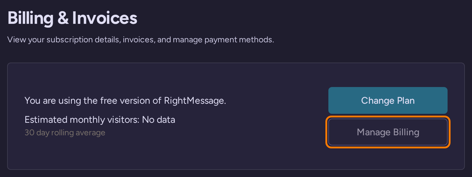 Billing and Invoices in the read-only demo, with Manage Billing highlighted