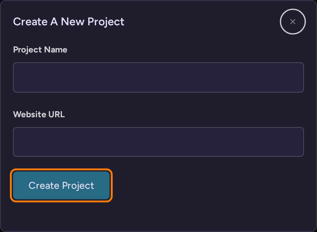 Create A New Project dialog with project name and website URL fields and Create Project highlighted