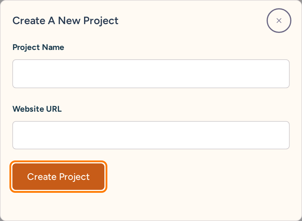 Create A New Project dialog with project name and website URL fields and Create Project highlighted