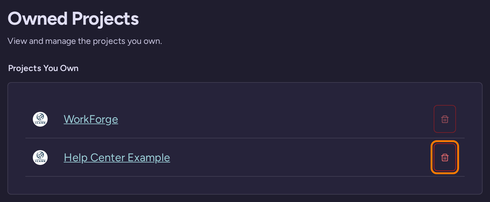 Owned Projects listing with the delete button highlighted for the throwaway Help Center Example project