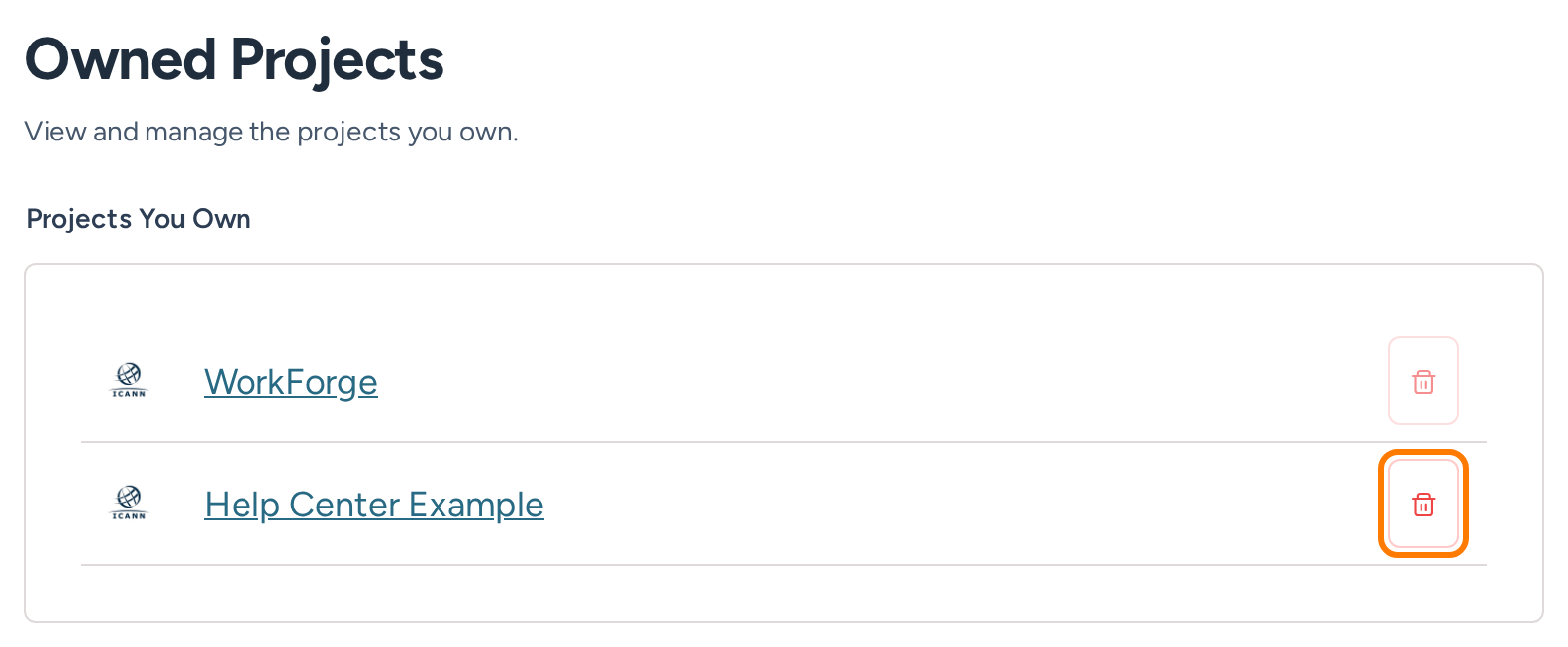 Owned Projects listing with the delete button highlighted for the throwaway Help Center Example project