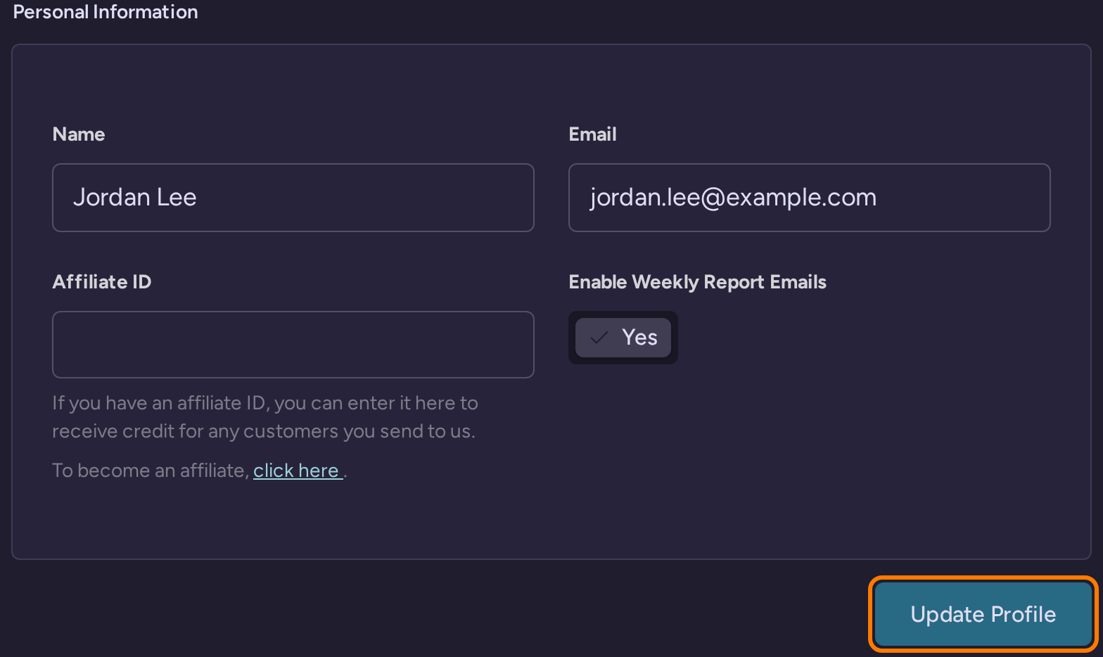Personal Information fields for name, email, affiliate ID and weekly report emails, with Update Profile highlighted
