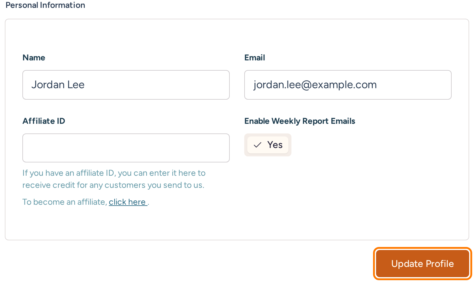 Personal Information fields for name, email, affiliate ID and weekly report emails, with Update Profile highlighted