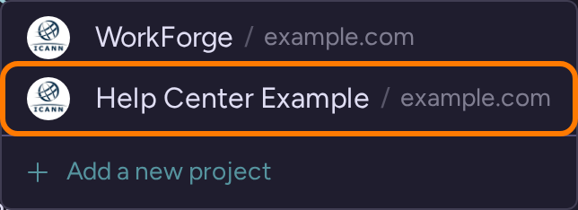 Open project switcher listing WorkForge and Help Center Example, with Add a new project below