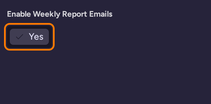 Enable Weekly Report Emails in the synthetic account profile, with the report toggle highlighted