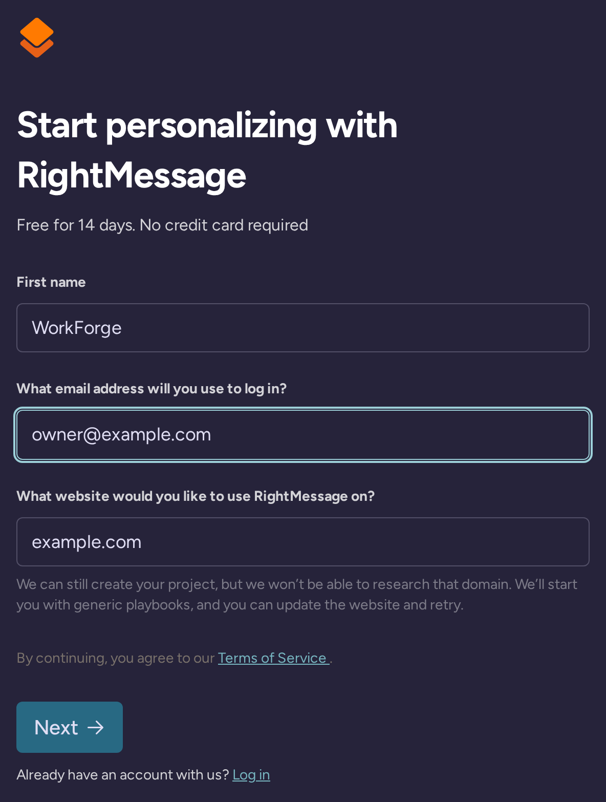 Account signup details with first name, login email, website domain, and the no-card trial offer