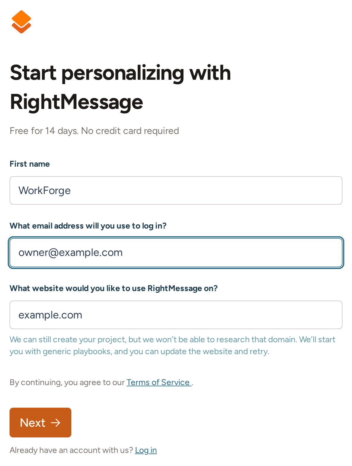 Account signup details with first name, login email, website domain, and the no-card trial offer