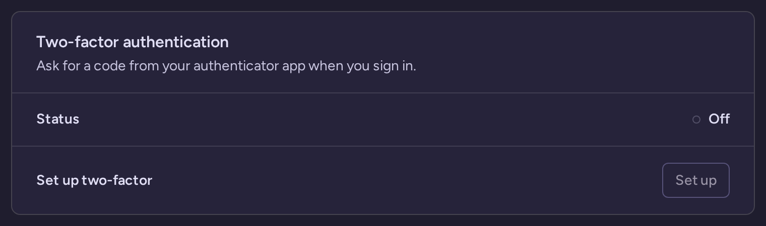 Two-factor authentication section of Sign-in & security, turned off, with the Set up button