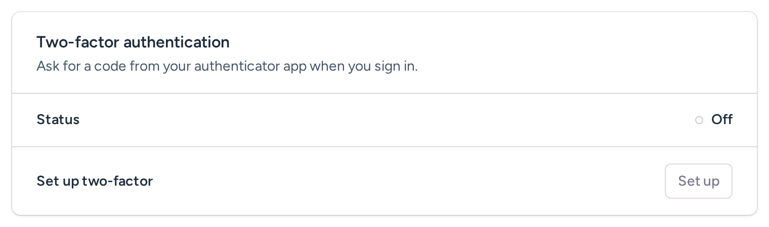 Two-factor authentication section of Sign-in & security, turned off, with the Set up button