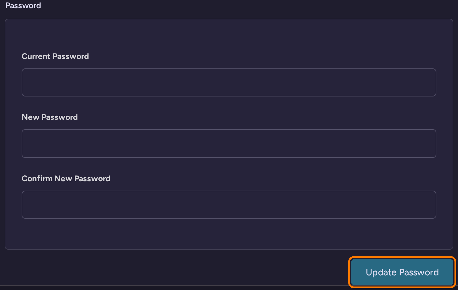 Password settings with current, new and confirmation password fields and Update Password highlighted