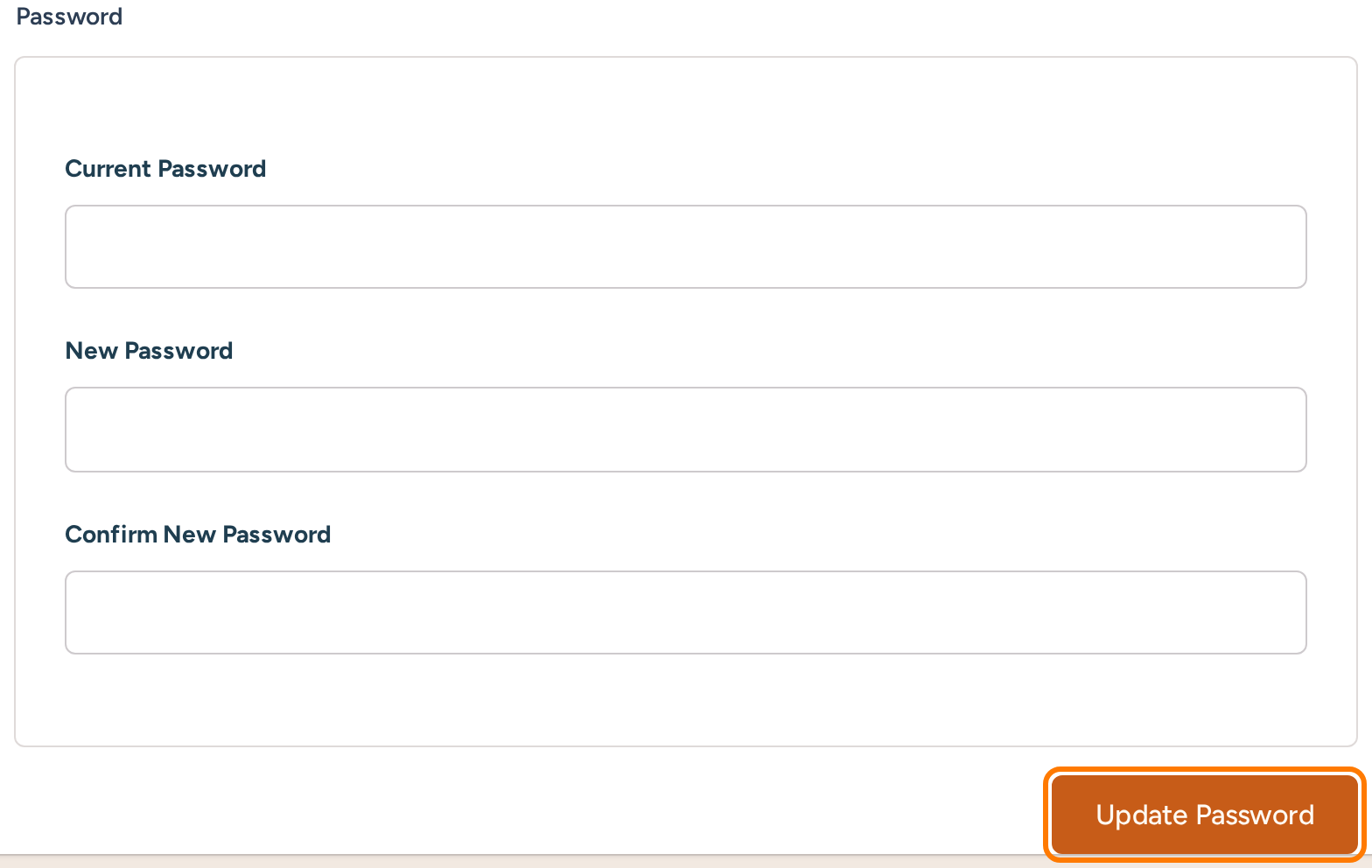 Password settings with current, new and confirmation password fields and Update Password highlighted