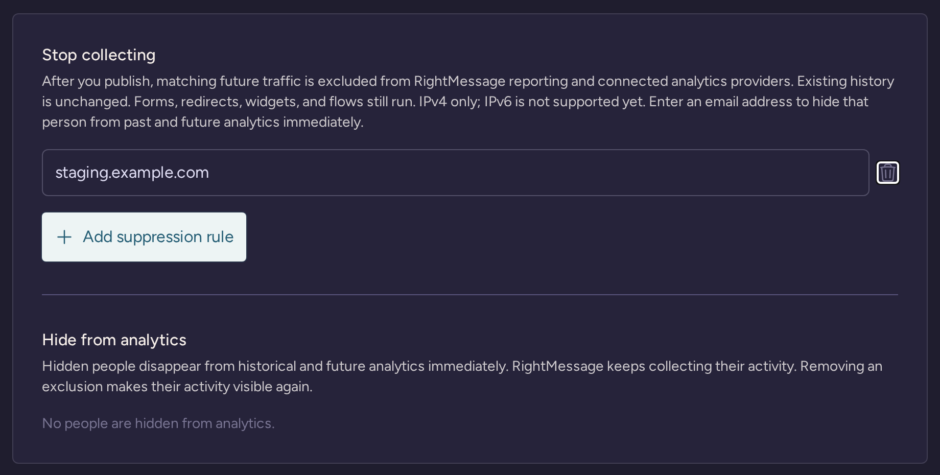 Analytics filtering settings with a staging domain suppression rule and the separate Hide from analytics section