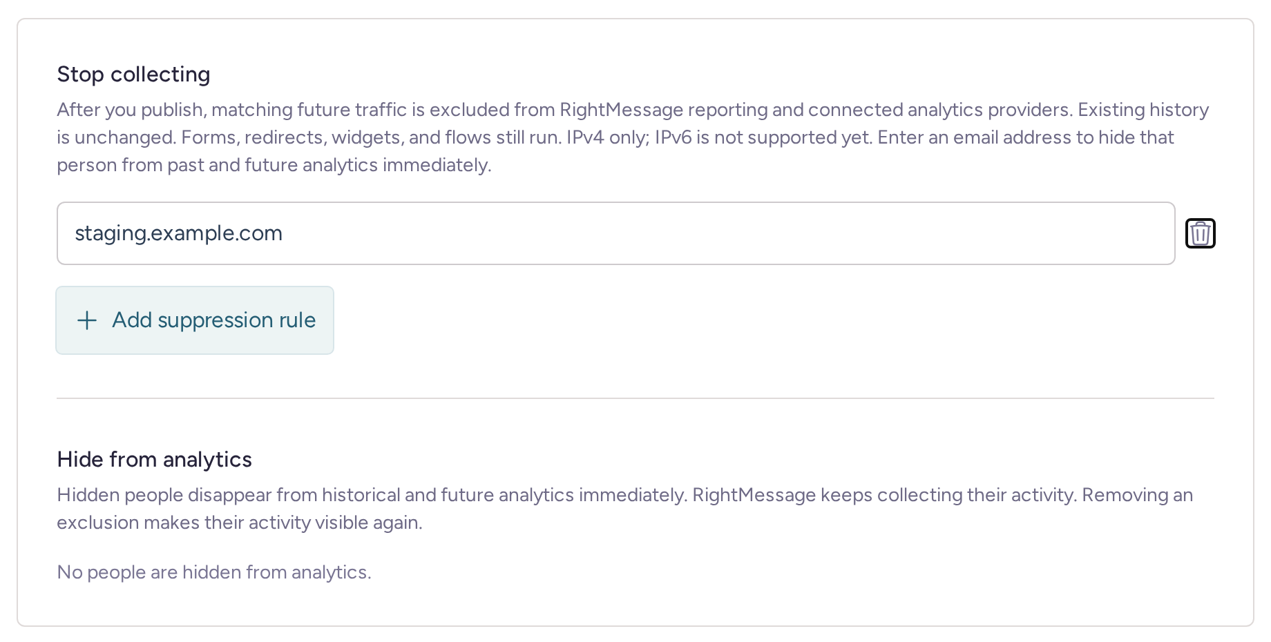 Analytics filtering settings with a staging domain suppression rule and the separate Hide from analytics section