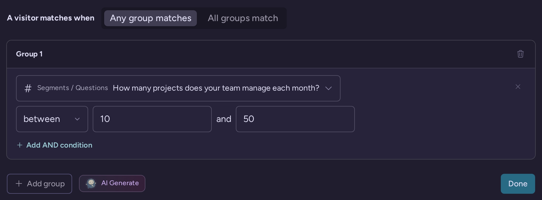 Input-answer condition matching a saved number of projects per month between 10 and 50