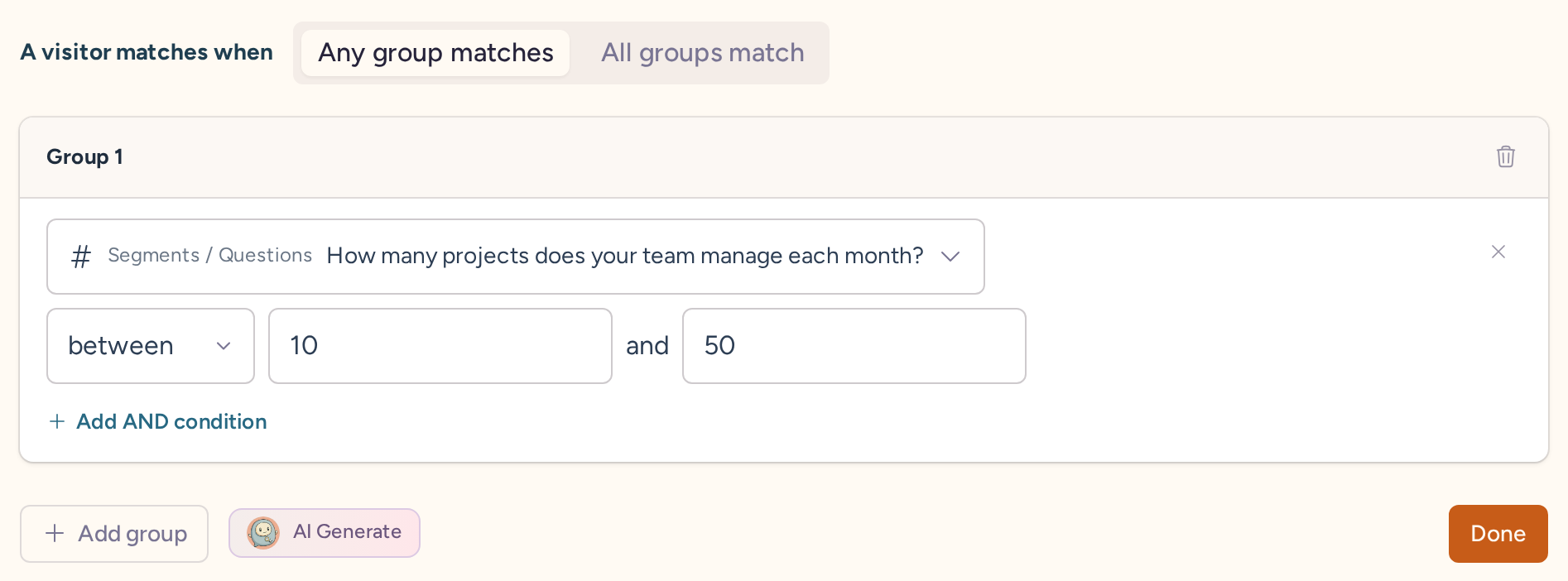 Input-answer condition matching a saved number of projects per month between 10 and 50
