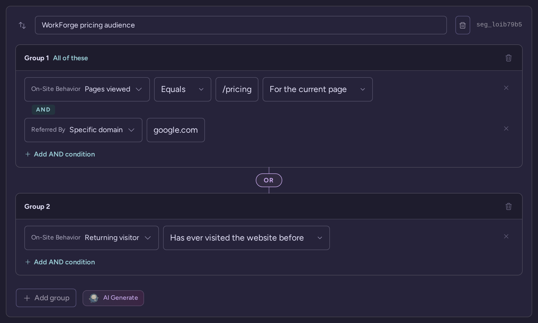 Automatic segment rules matching a current pricing page from Google or a returning visitor