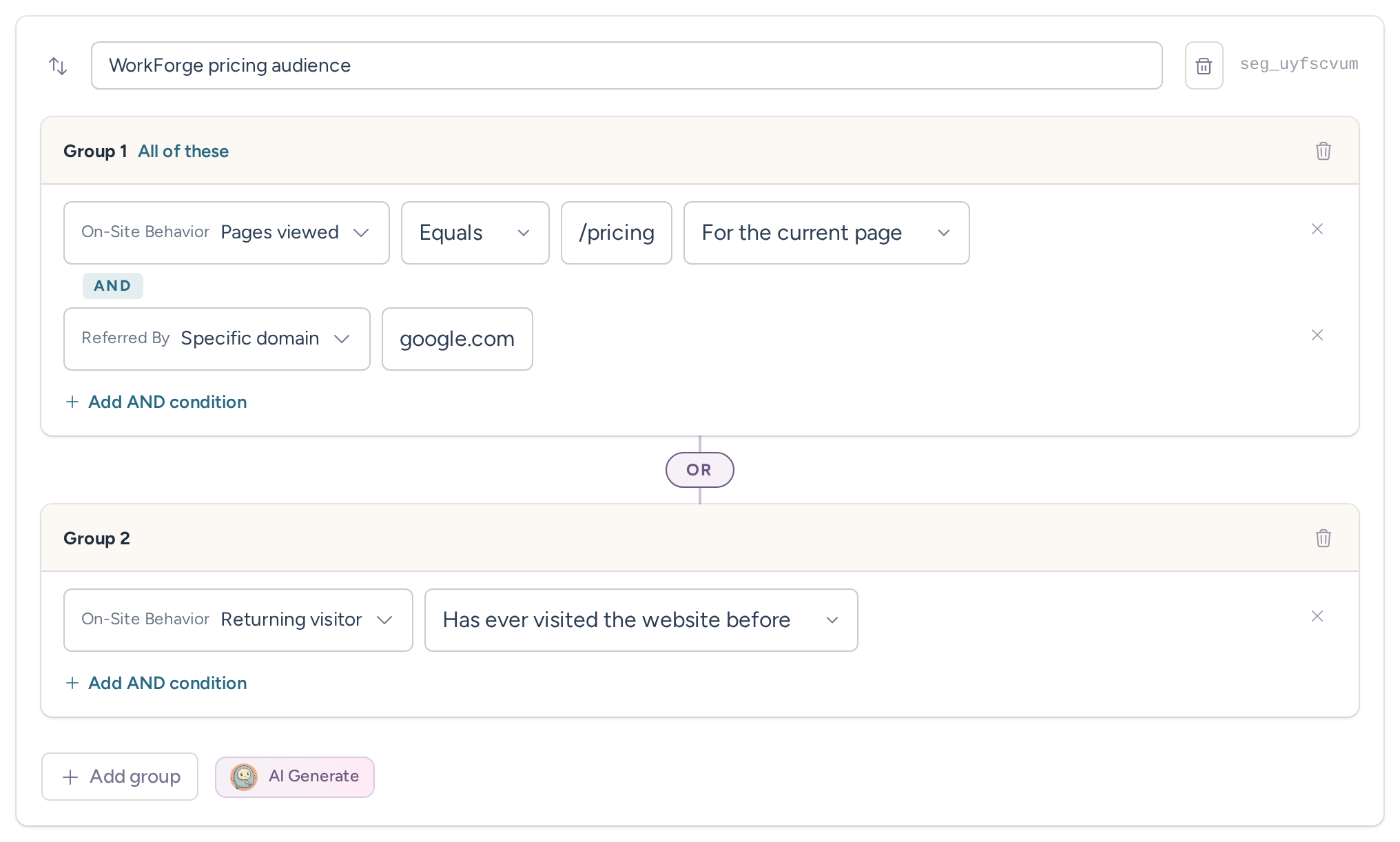 Automatic segment rules matching a current pricing page from Google or a returning visitor