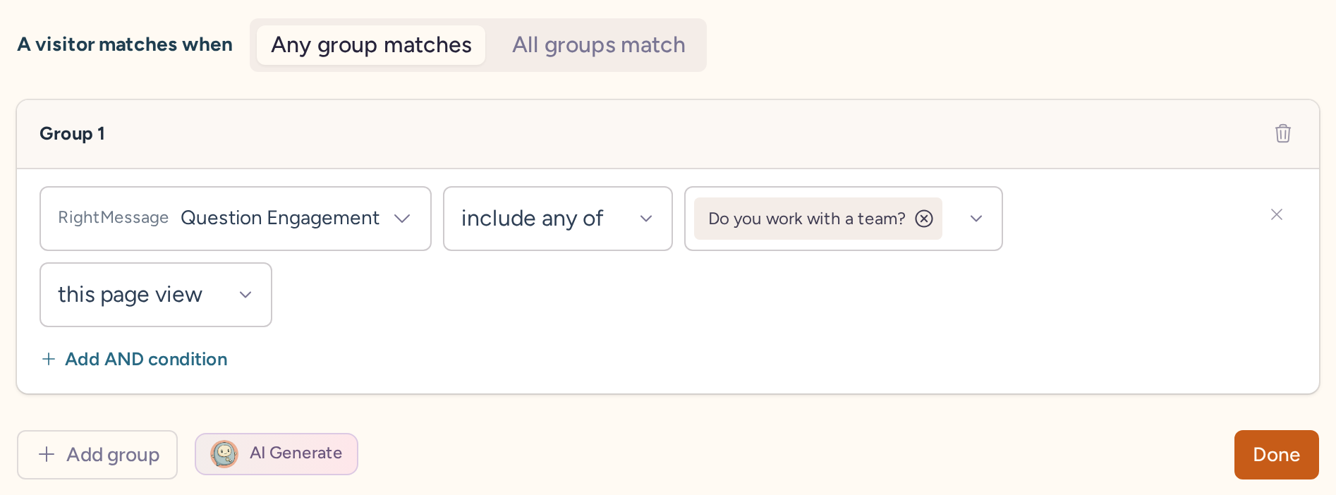 Question Engagement condition matching Do you work with a team on this page view