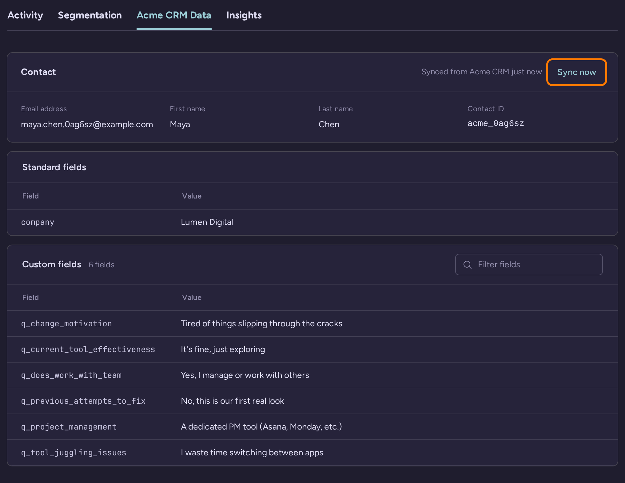 Example visitor contact data with provider fields and the Sync now action