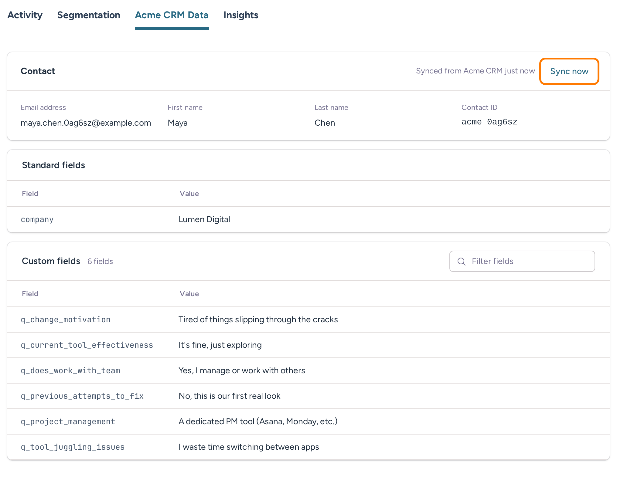 Example visitor contact data with provider fields and the Sync now action