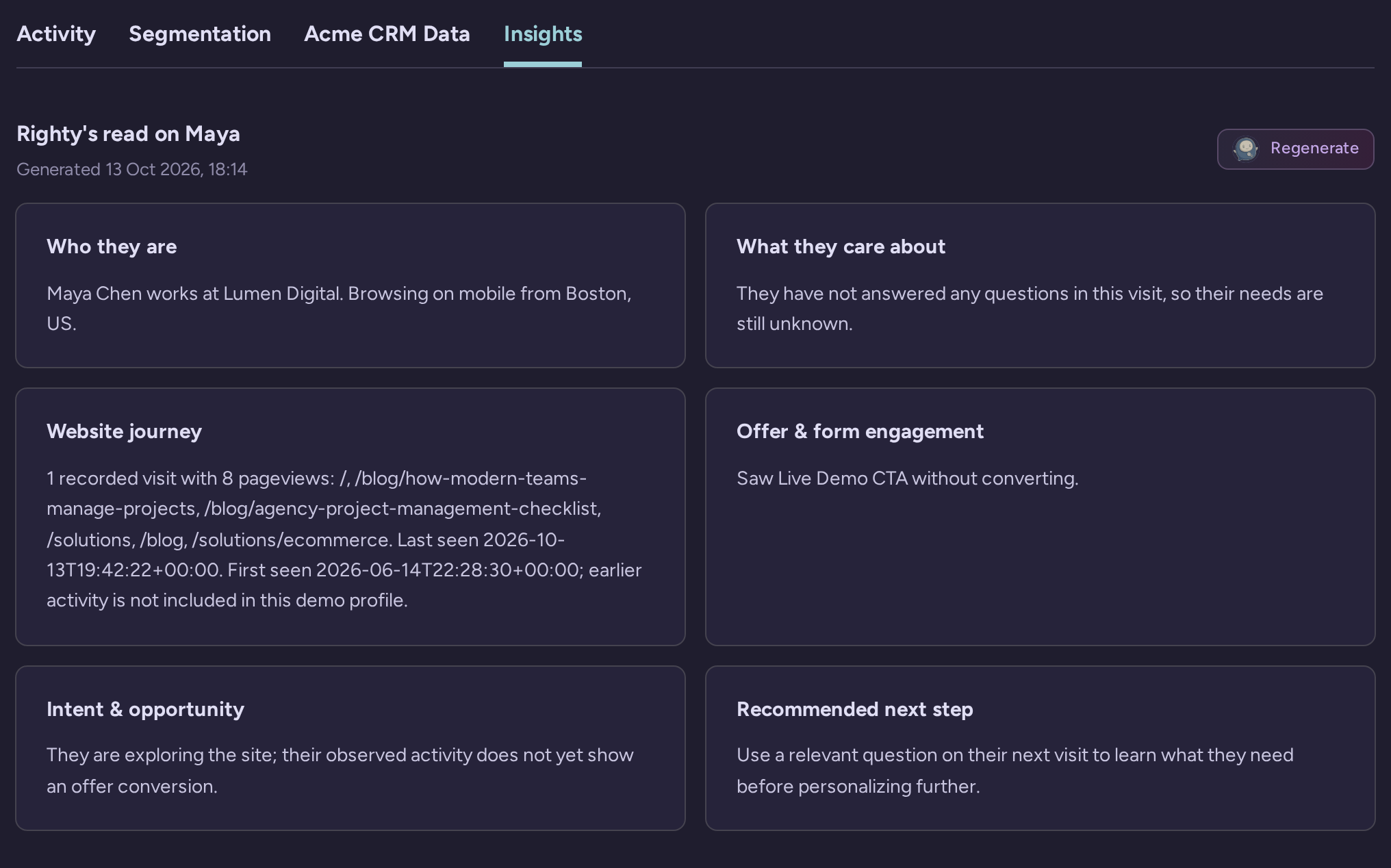 Example visitor Insights tab with generated website journey and recommended next step sections